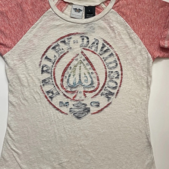 Women’s Harley Davidson Spade Burnout Shirt Raglan Ivory Red Crystals Bling LG - Picture 1 of 6